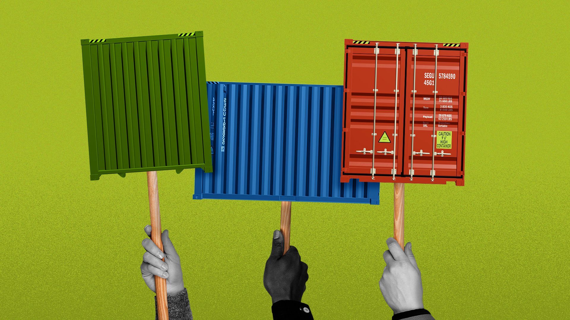 Illustration of hands holding picket signs made from shipping containers.