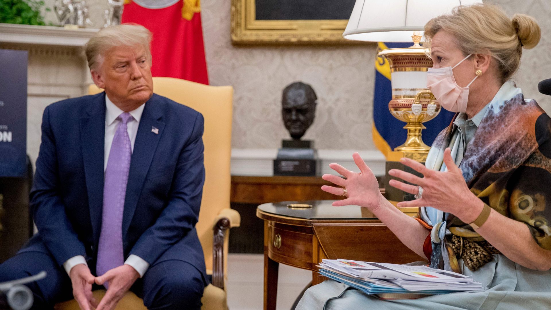 Response coordinator for White House Coronavirus Task Force Deborah Birx speaks to President Donald Trump at the White House in Washington, DC, on August 5