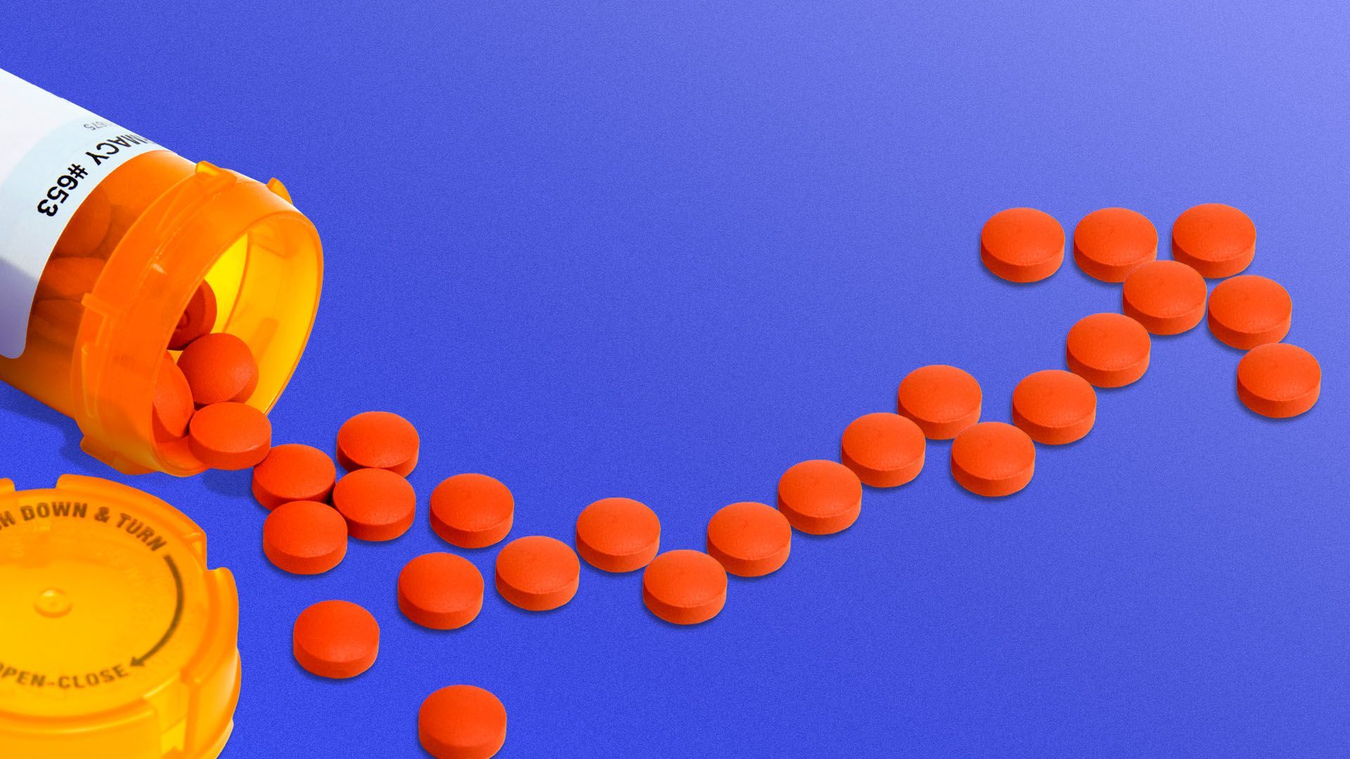 Illustration of a turn over pill bottle the pills forming an upward trending arrow.