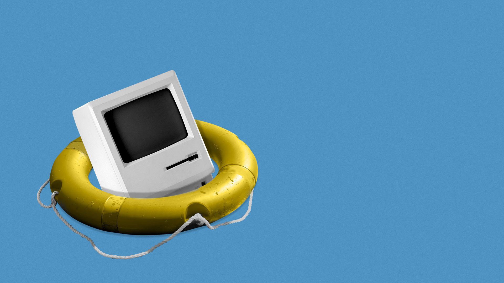Illustration of an old computer screen floating in a life raft