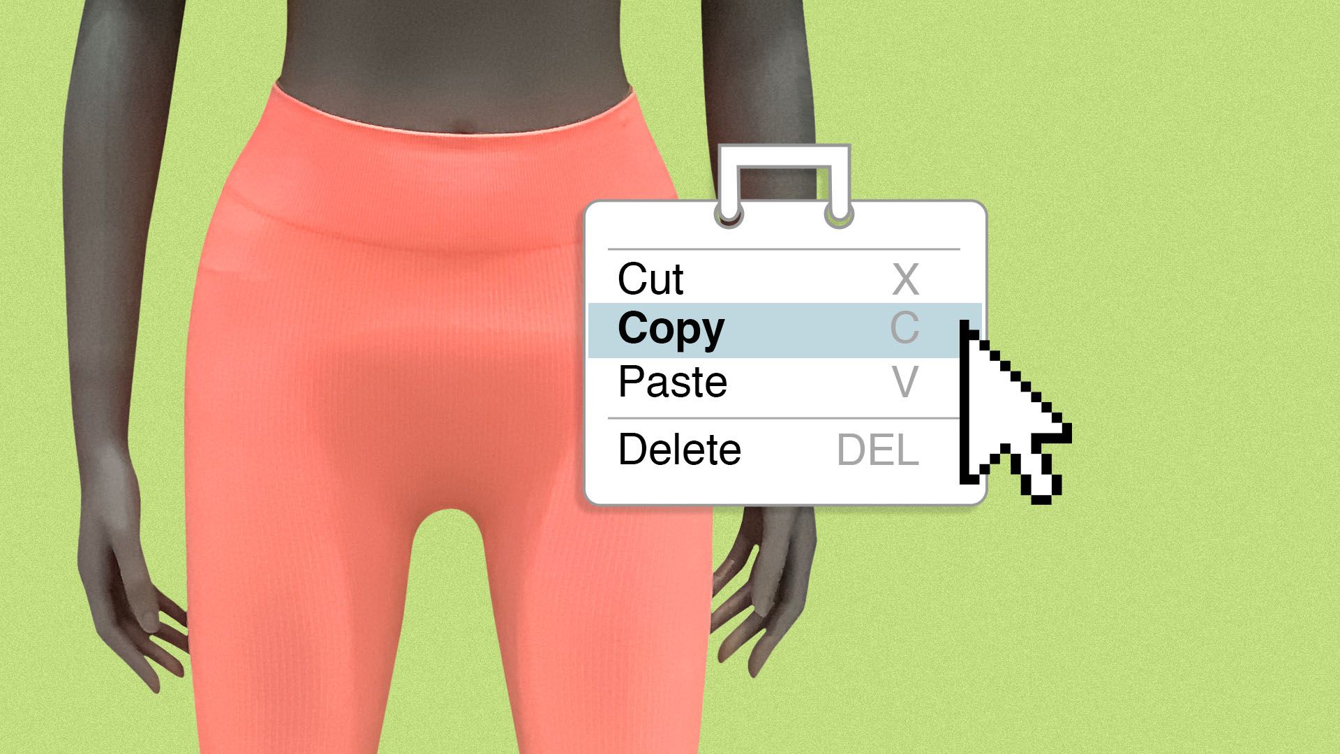 Illustration of a mannequin with a shopping bag shaped computer dialogue box next to it with "copy" highlighted