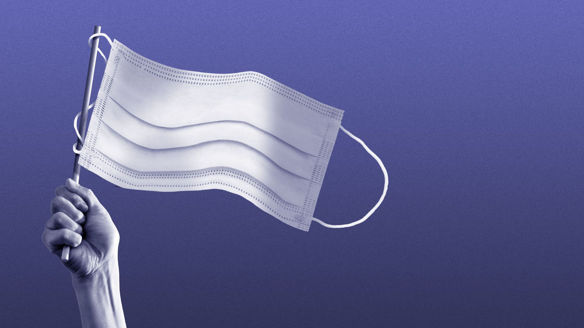 Illustration of someone holding up a medical mask shaped like a white flag