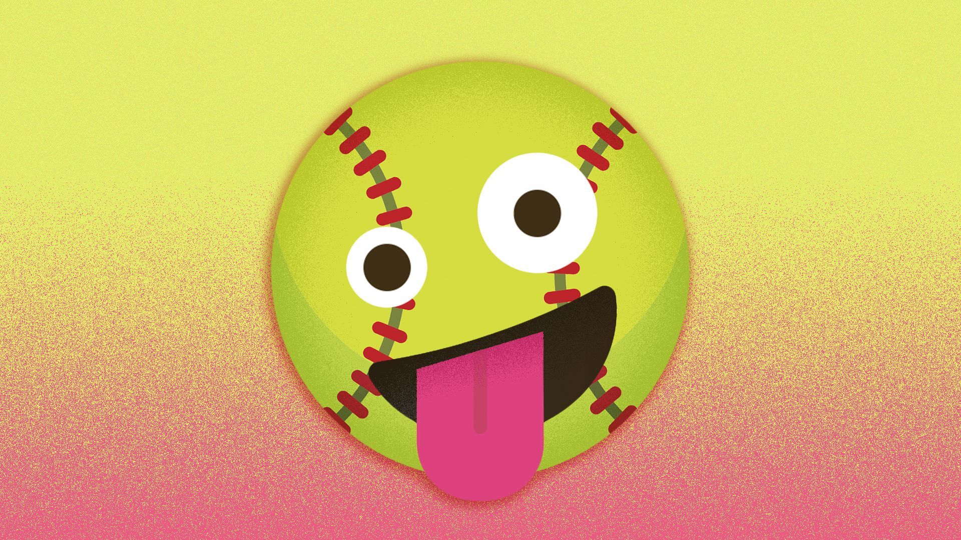 Illustration of a crazy softball emoji sticking its tongue out.