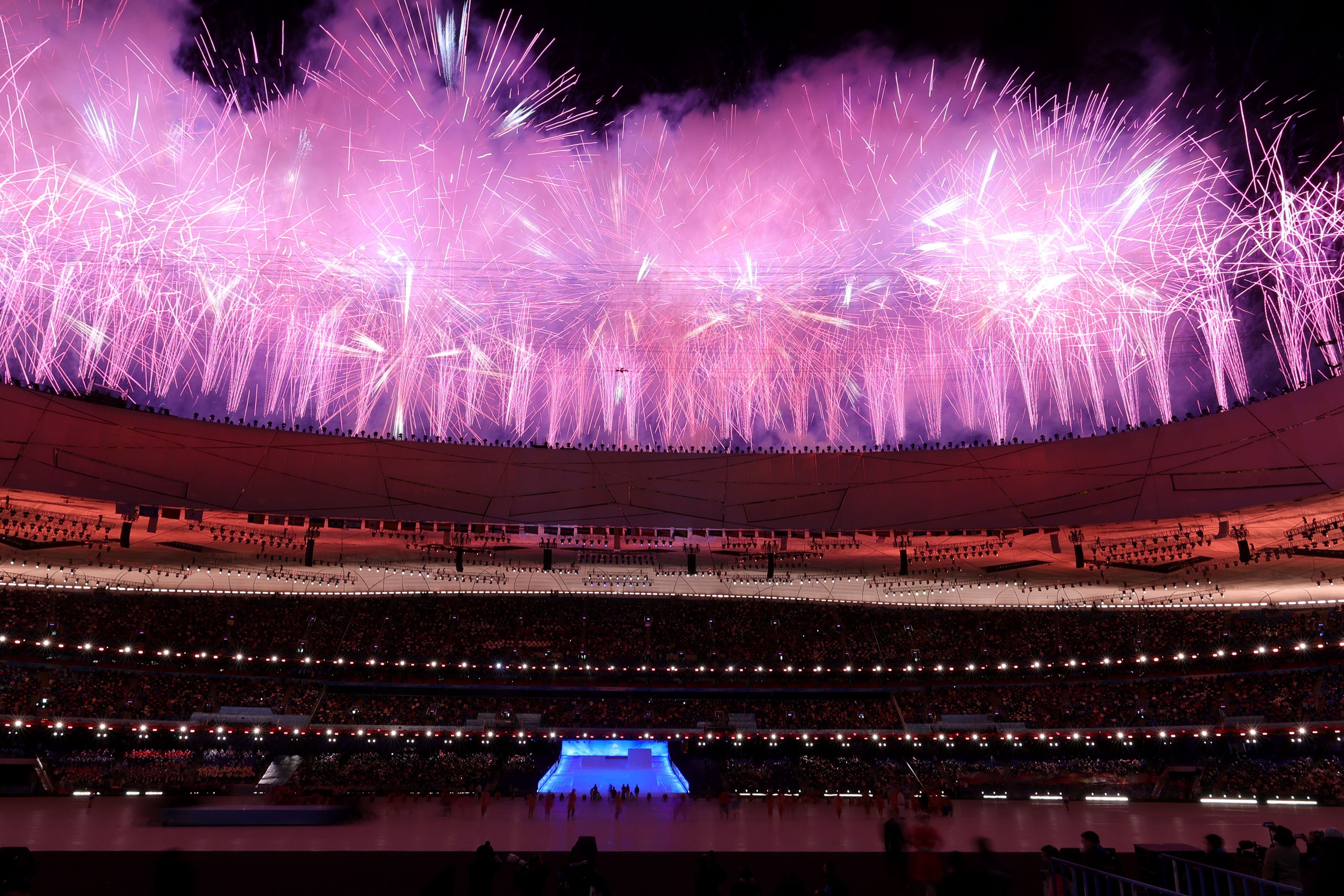 A firework display is seen above the stadium during the Opening Ceremony of the Beijing 2022 Winter Paralympics.