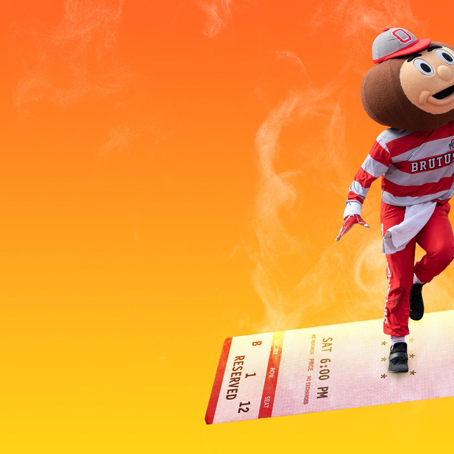 Illustration of Brutus the Ohio State mascot standing atop a large smoking ticket