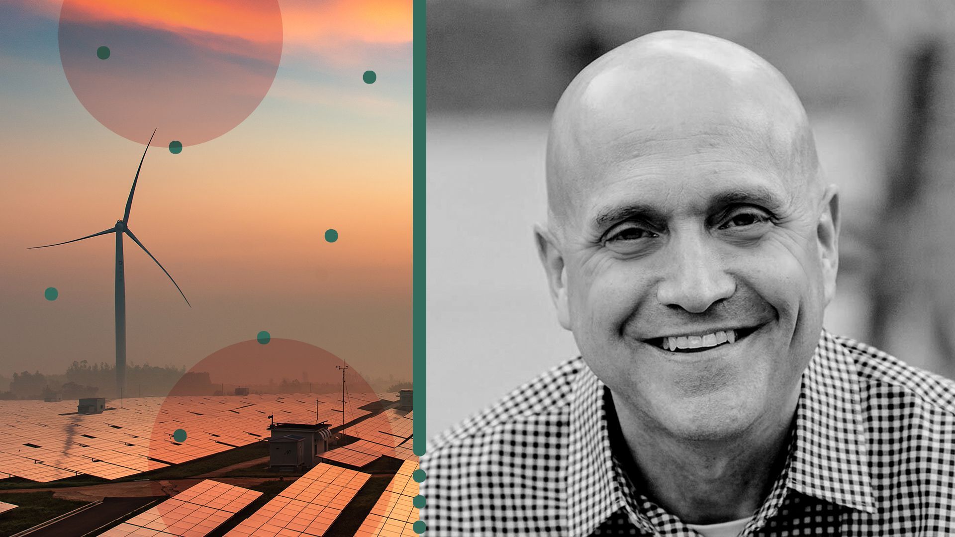 Photo illustration of Craig Lawrence surrounded by imagery of clean energy sources. 