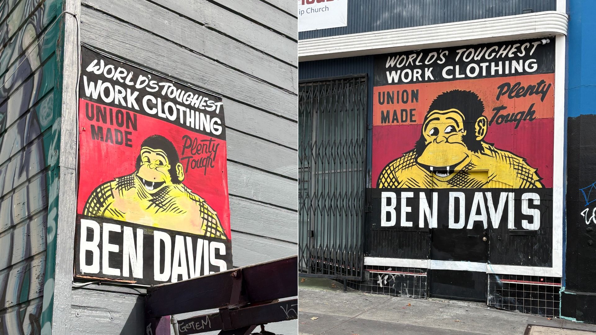 Split image of Ben Davis posters. Left shows World's Toughest Work Clothing and Union Made on red/black with a yellow cartoon gorilla; right features a large BEN DAVIS and the Plenty Tough slogan.