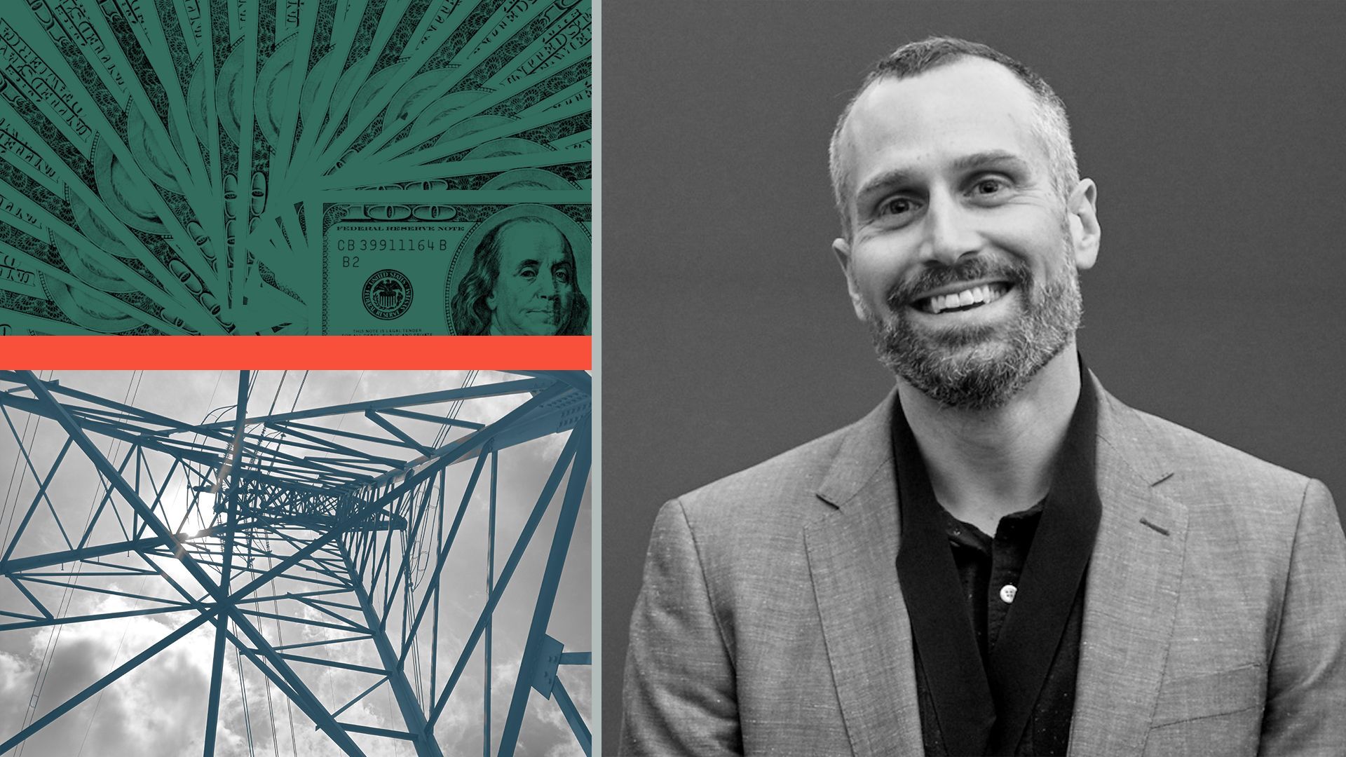 Photo illustration of Stephen Lacey with money and an abstract electric grid.