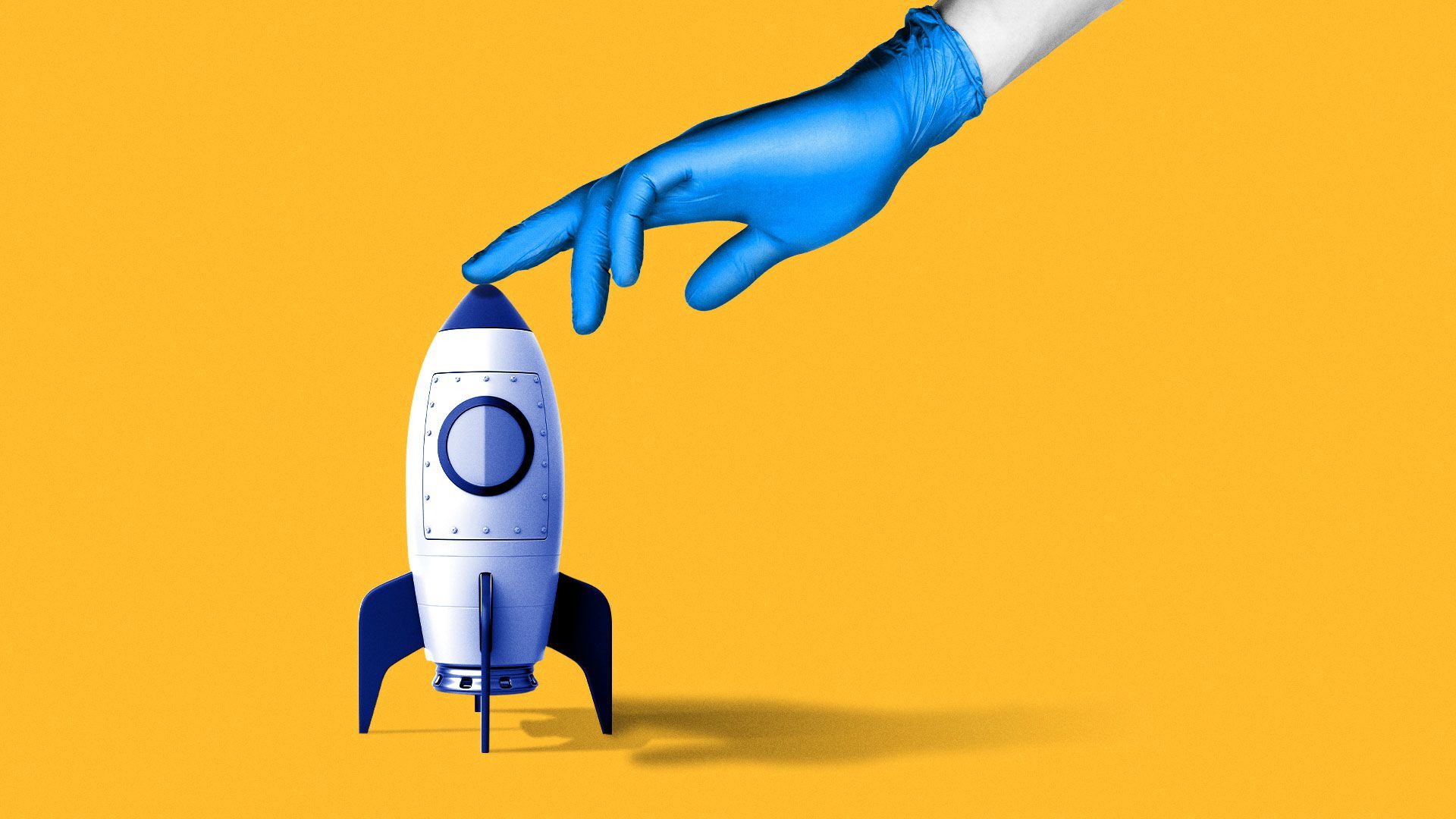 Illustration of gloved hand holding down a space rocket