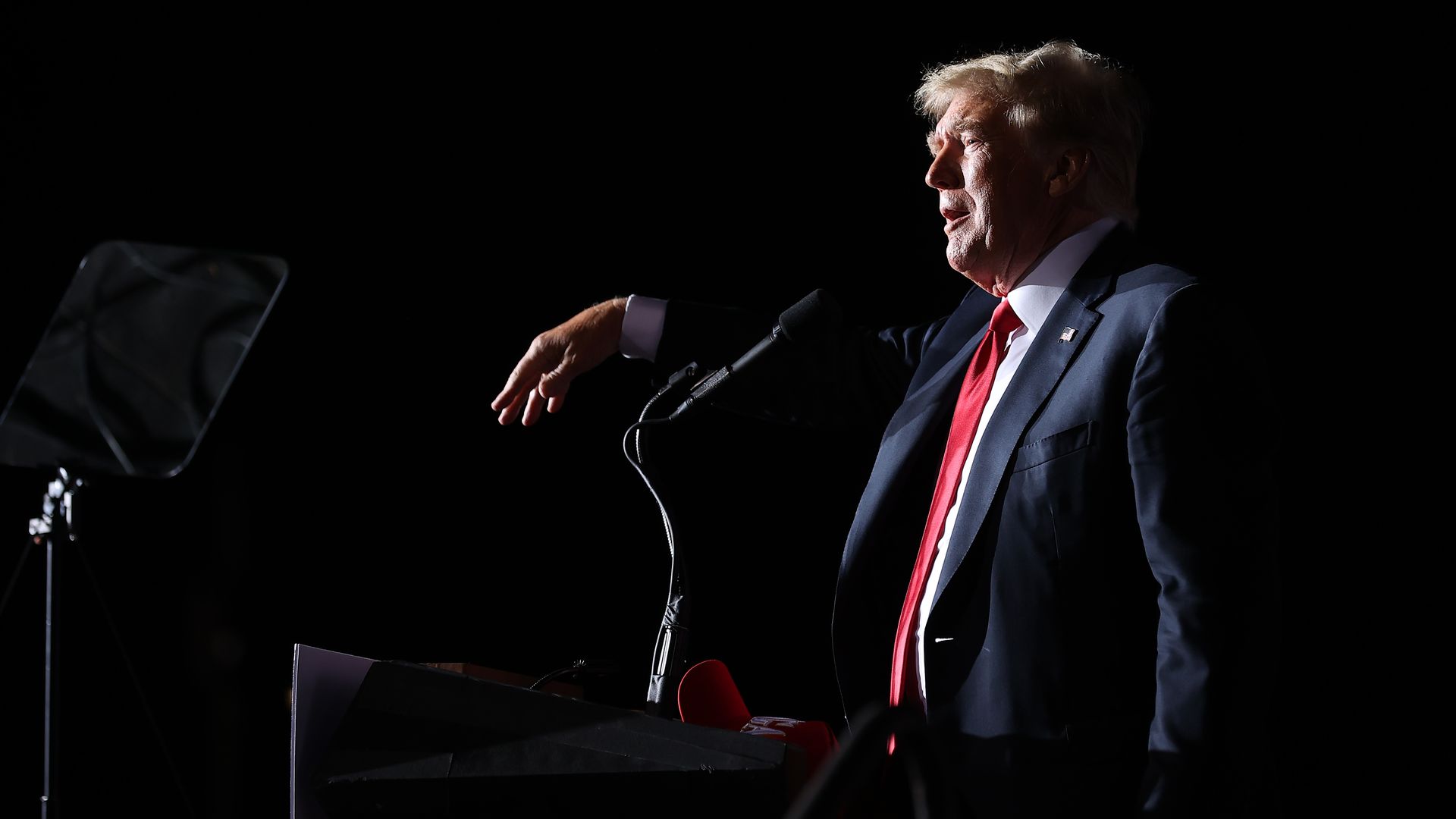 Former U.S. President Donald Trump addresses supporters during a "Save America" rally at York Family Farms on August 21, 2021 in Cullman, Alabama