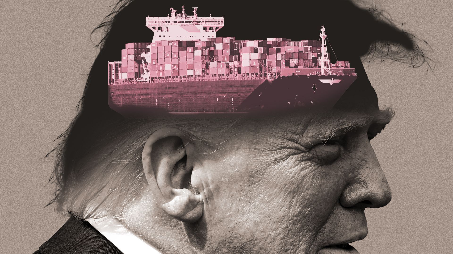 Illustration of President Donald Trump with a carrier freight ship in place of his brain