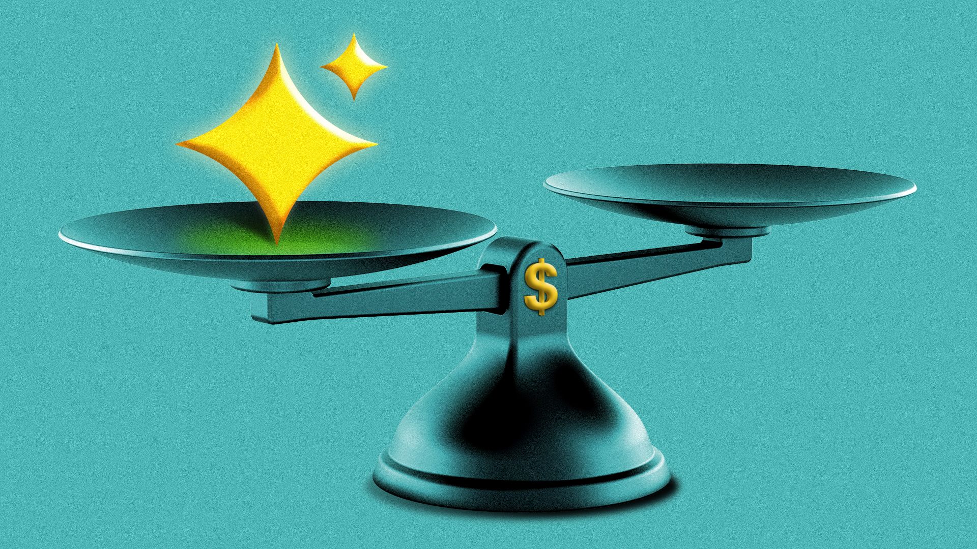 Illustration of a scale with a dollar sign measuring an AI sparkle