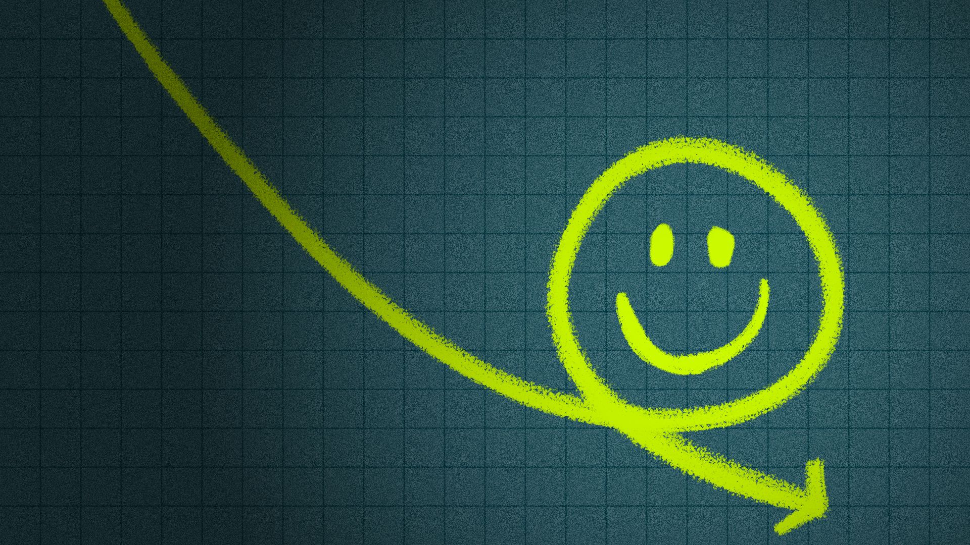 Illustration of a downward trending curve on a chart that loops up and around to make a smiley face.