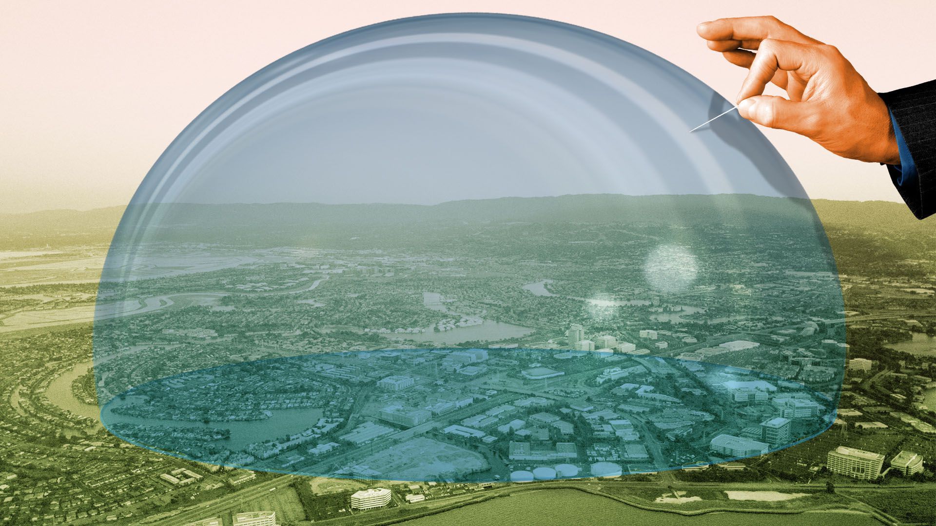 Photo illustration of a bubble over Silicon Valley with a hand about to pop it