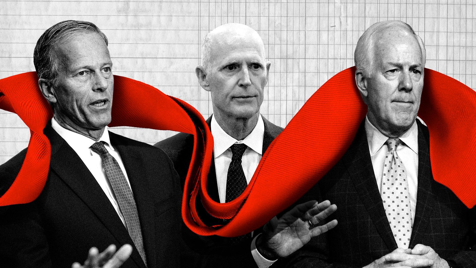 Photo illustration of Senator John Thune, Senator Rick Scott and Senator John Cornyn overlapped by a red tie.