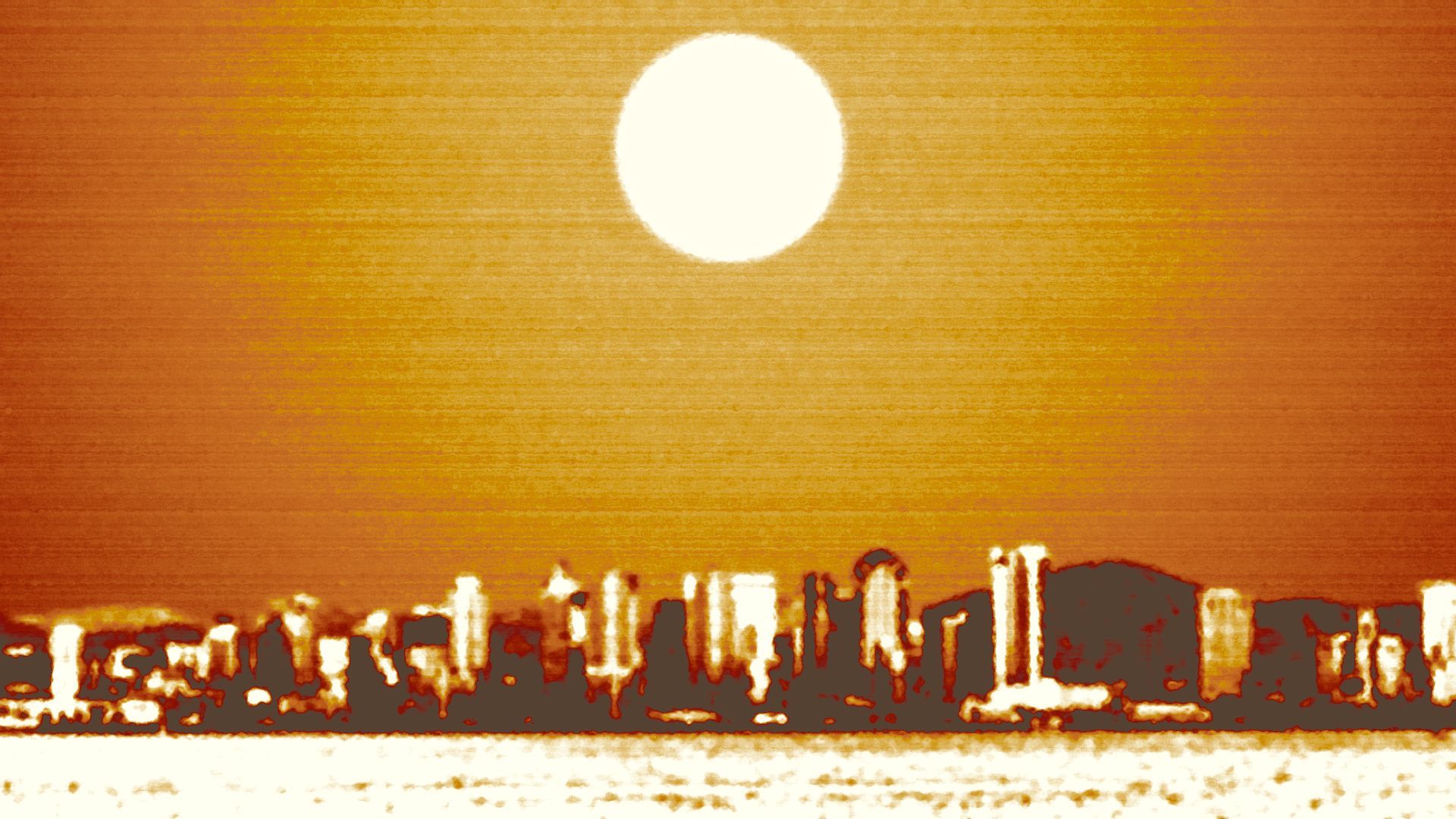 Illustration of the San Diego skyline under a hot sun.