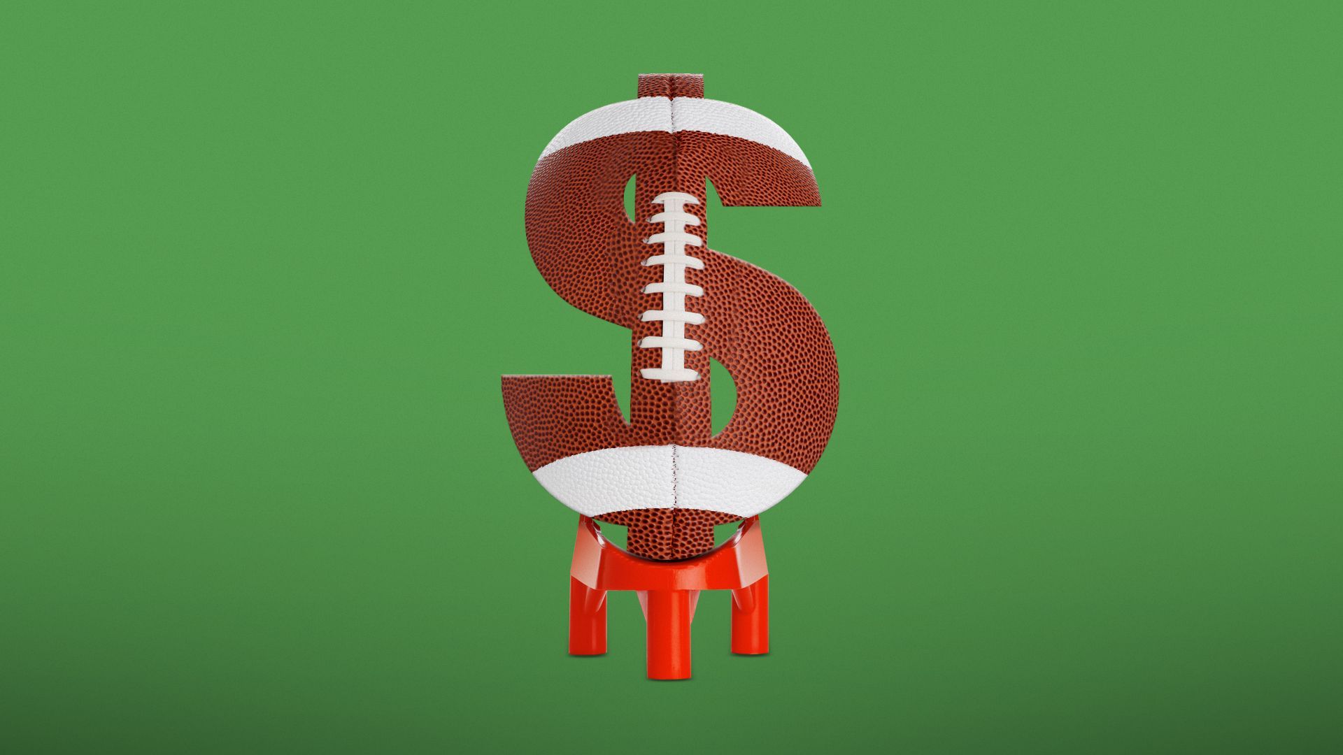 Illustration of a football in the shape of a dollar sign, sitting on a kickoff tee.