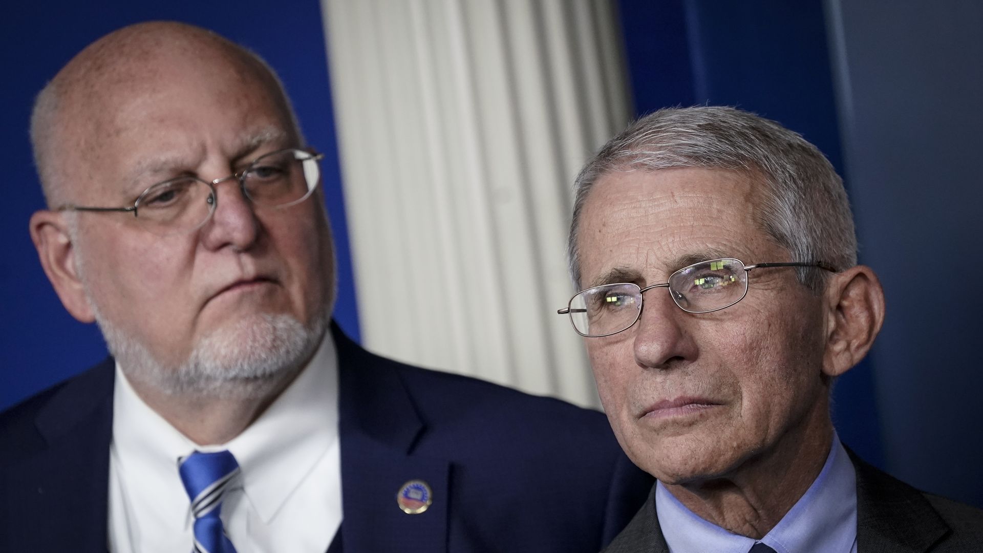 CDC Director Robert Redfield and NIH director Anthony Fauci attend a briefing on the administration's coronavirus response in the press briefing room of the White House on March 2