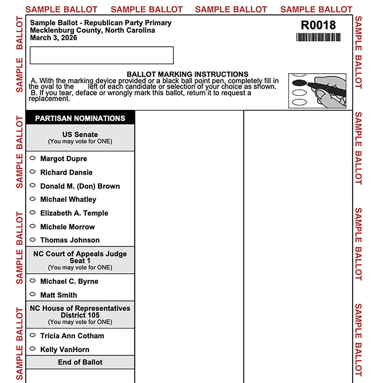 Sample ballot for Republican Party Primary in Mecklenburg County, NC, dated March 3, 2026, with races for US Senate, NC Court of Appeals Judge Seat 1, and NC House District 105.