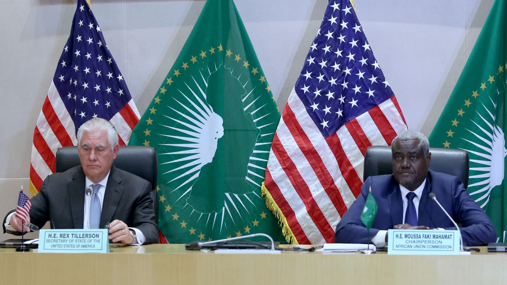 Rex Tillerson sitting at table with African leaders in Ethiopia