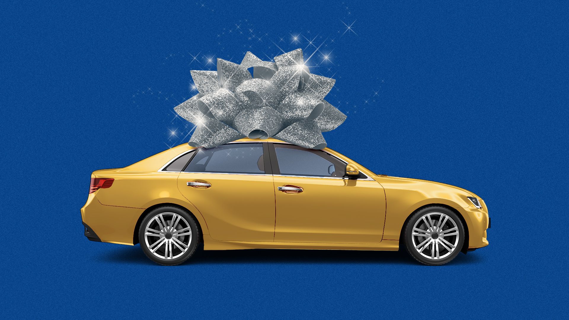 Illustration of a car with a glittering bow on top. 