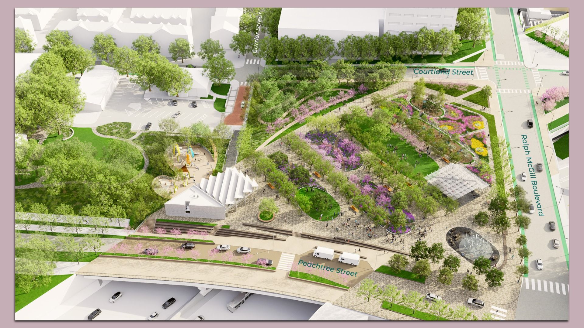 Aerial view of an urban park and plaza with winding paths, trees, pink blossoms, a playground, and a white pavilion; streets labeled Peachtree Street and Ralph McGill Boulevard frame the scene.