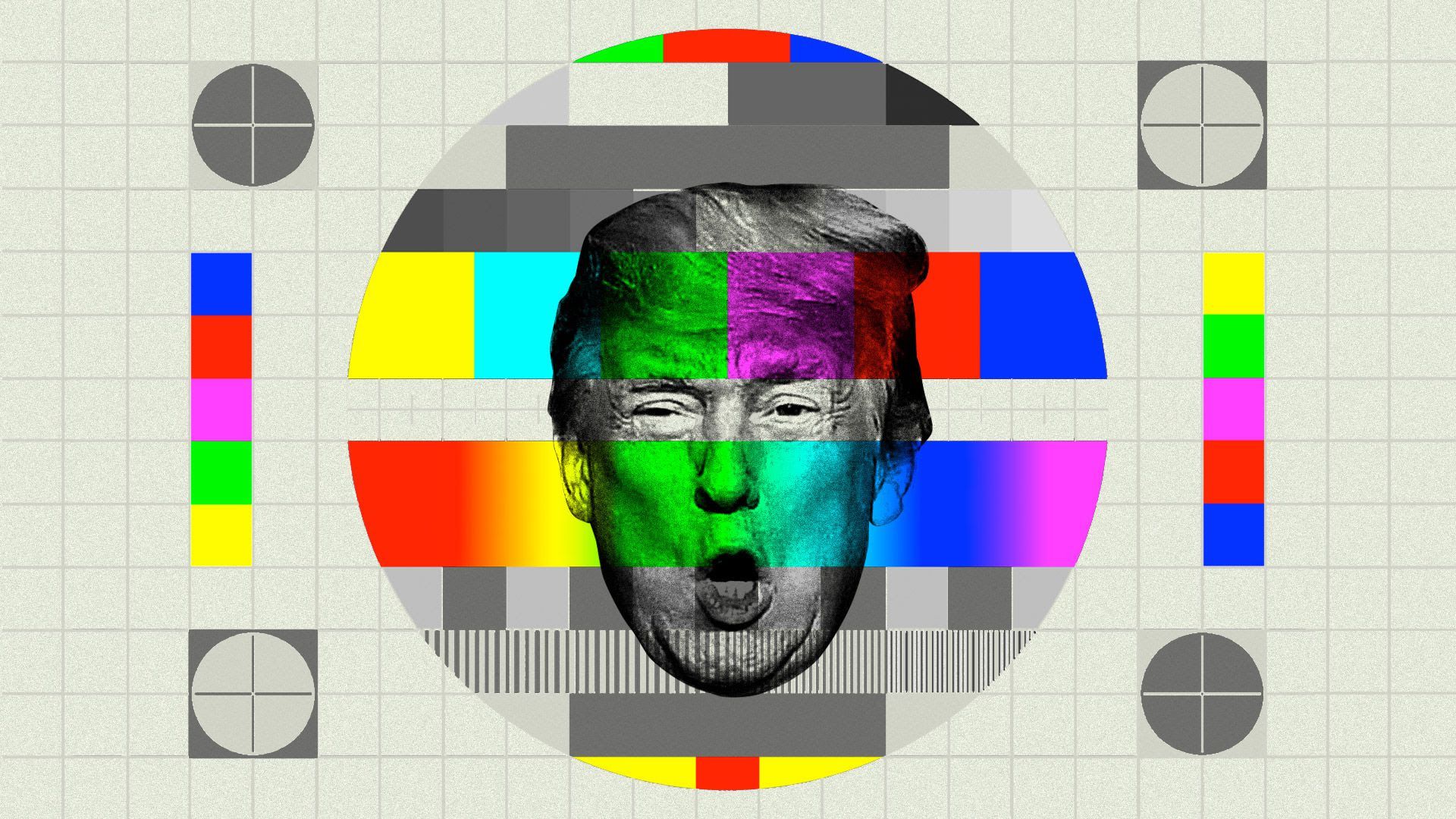 An illustration of Trump's talking head in a TV screen with a pixelated rainbow 