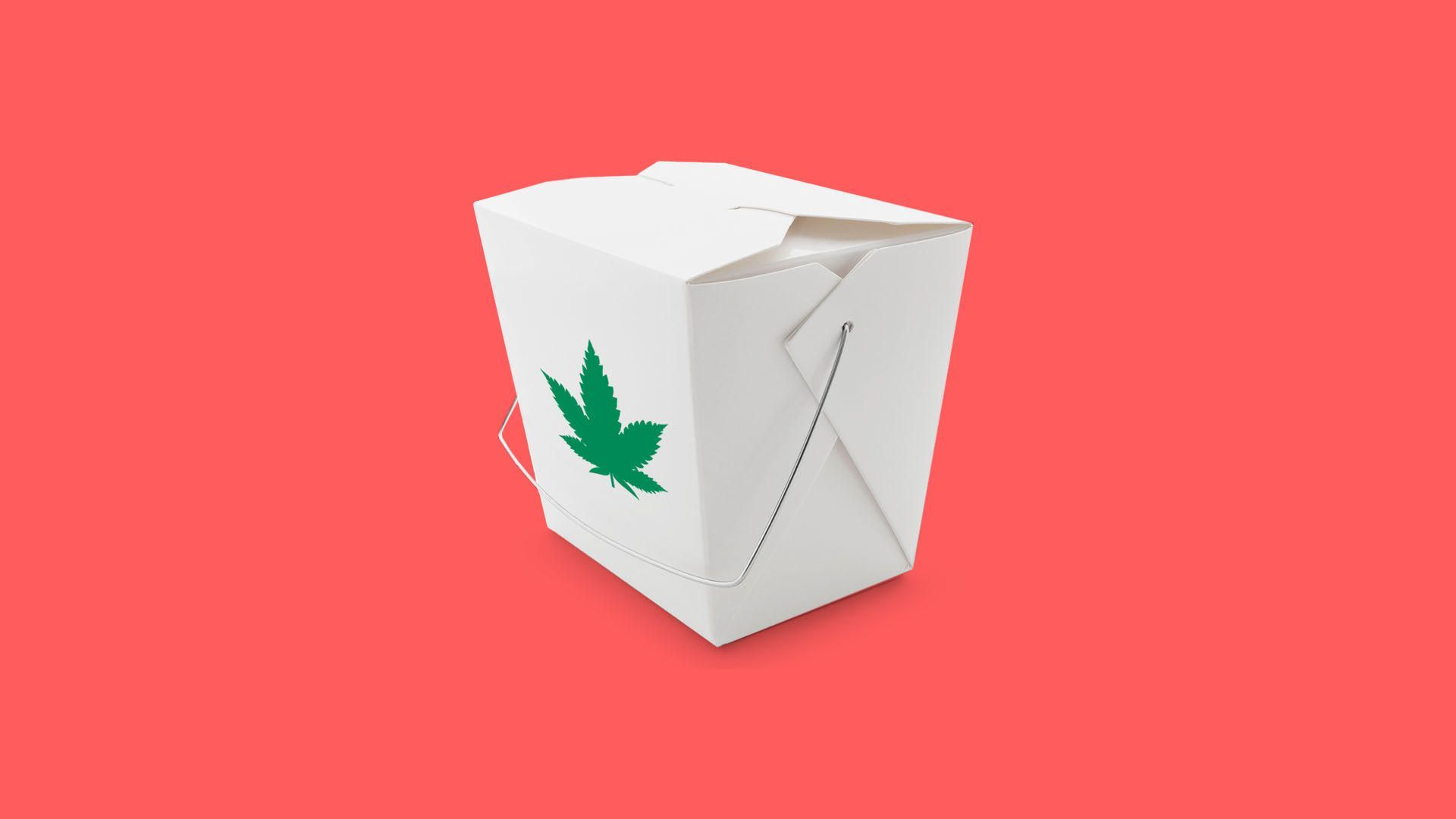 Illustration of a cannabis leaf on the side of a takeout box. 