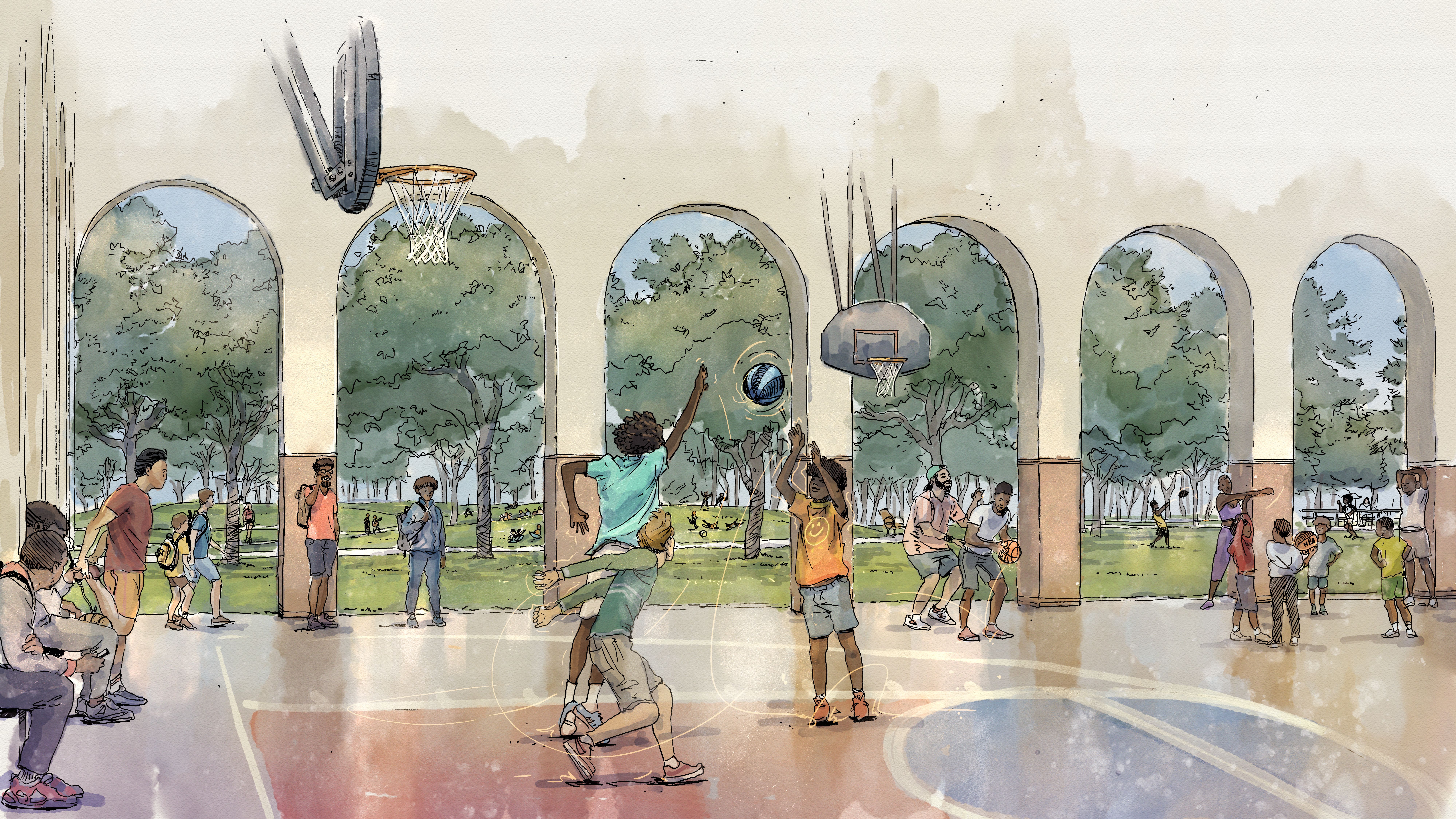 An outdoor basketball court under a series of wide arches, with players jumping for a ball near the hoop while spectators watch; trees line the background in a watercolor style.