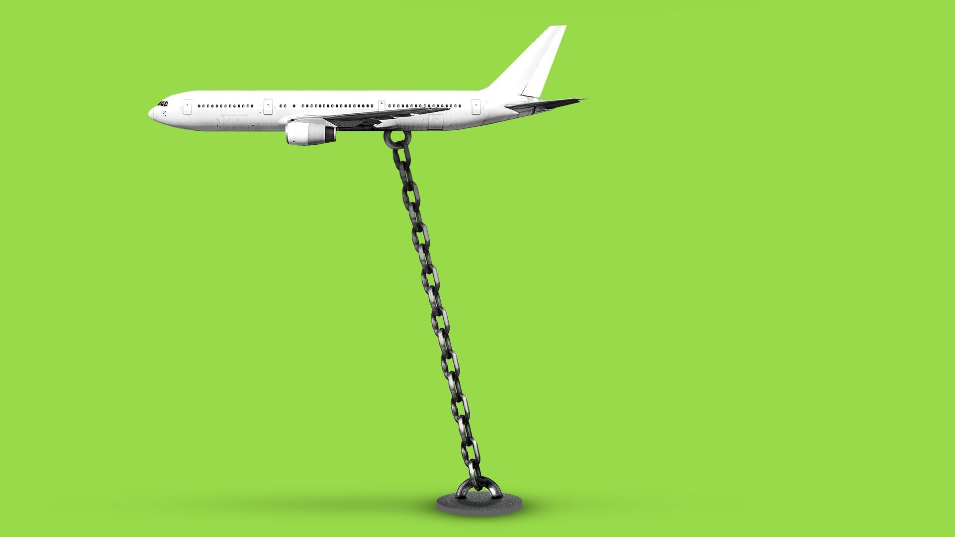 Illustration of an airplane flying on a short chain.  