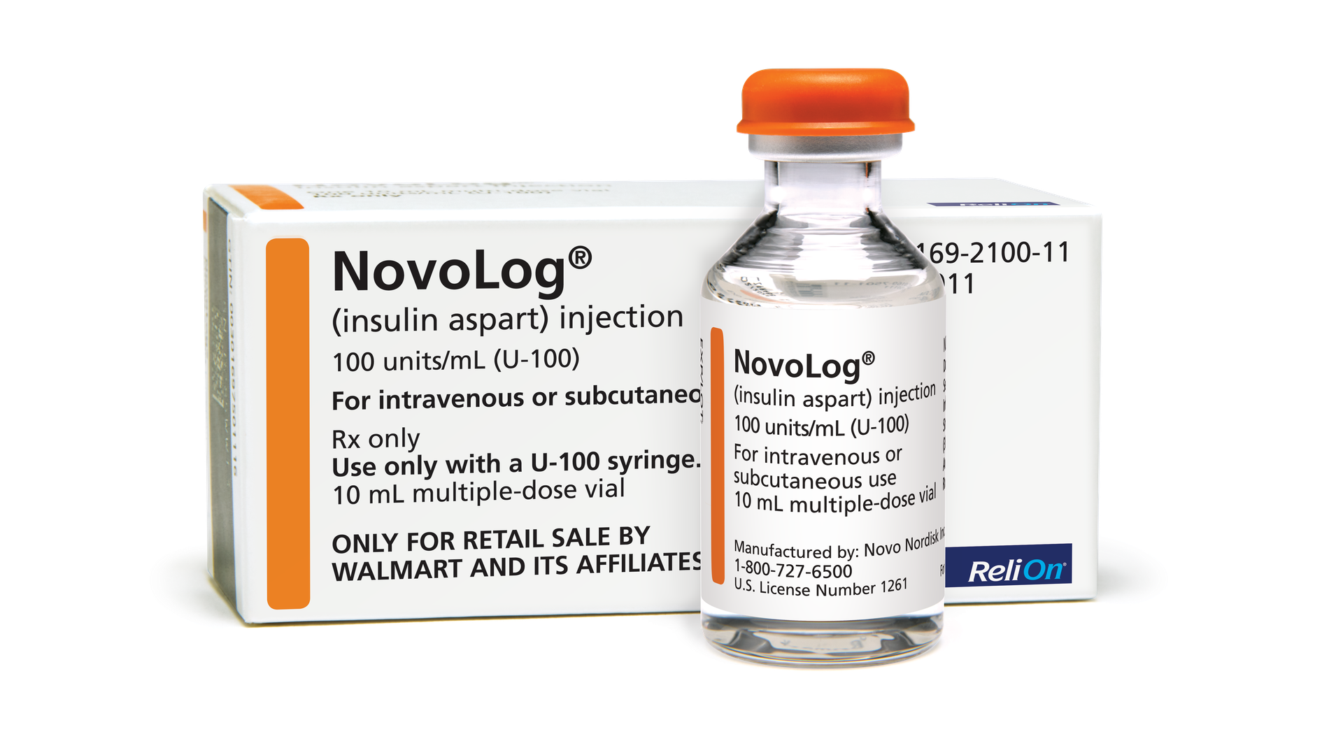 A white and orange box and vial of NovoLog insulin.