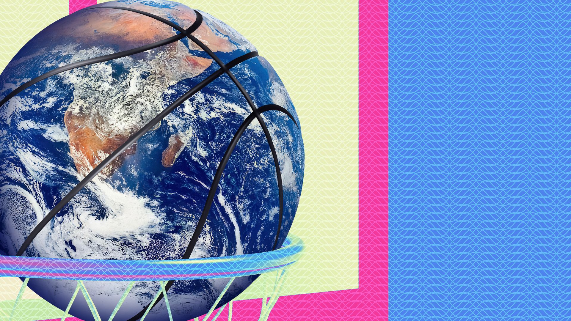 Illustration of a basketball in a basketball hoop with an earth for the basketball