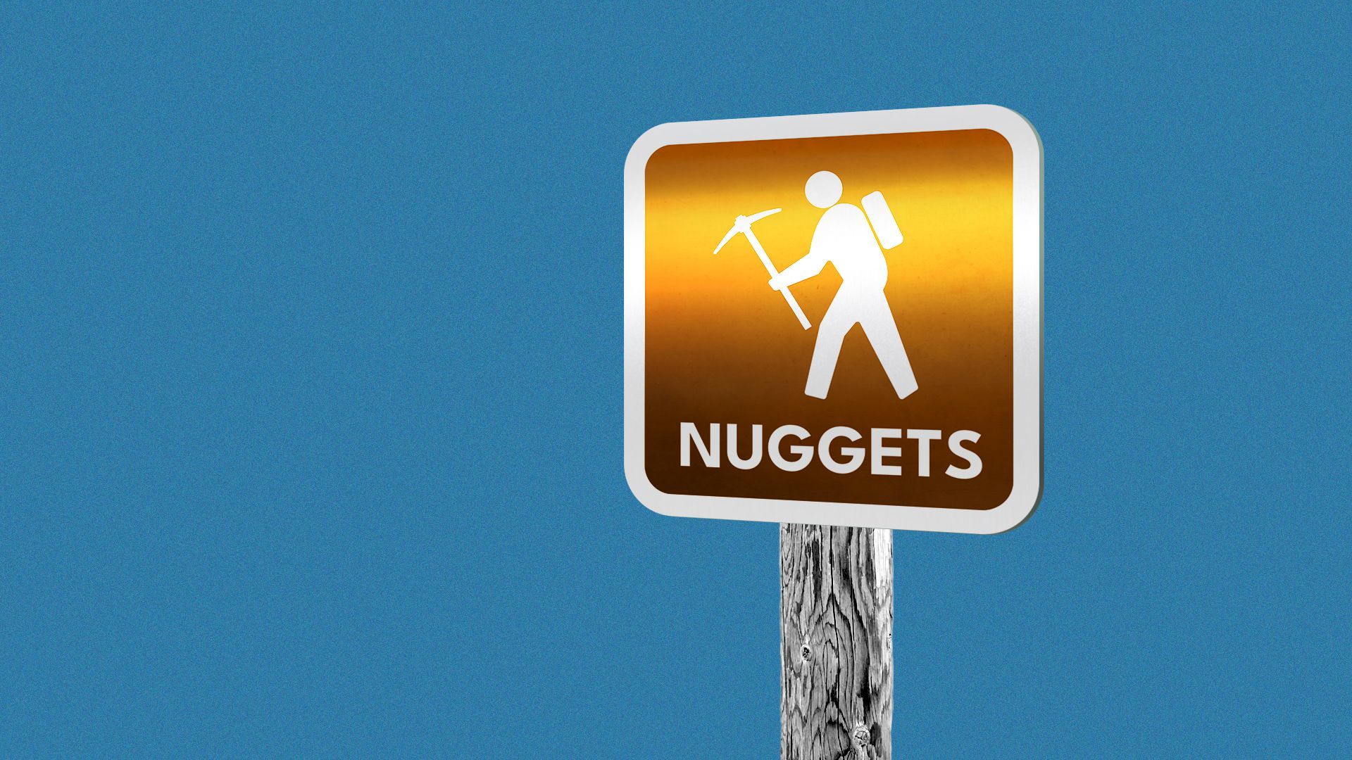Illustration of a trail sign, with the hiker icon holding a pickaxe, over the word "nuggets."