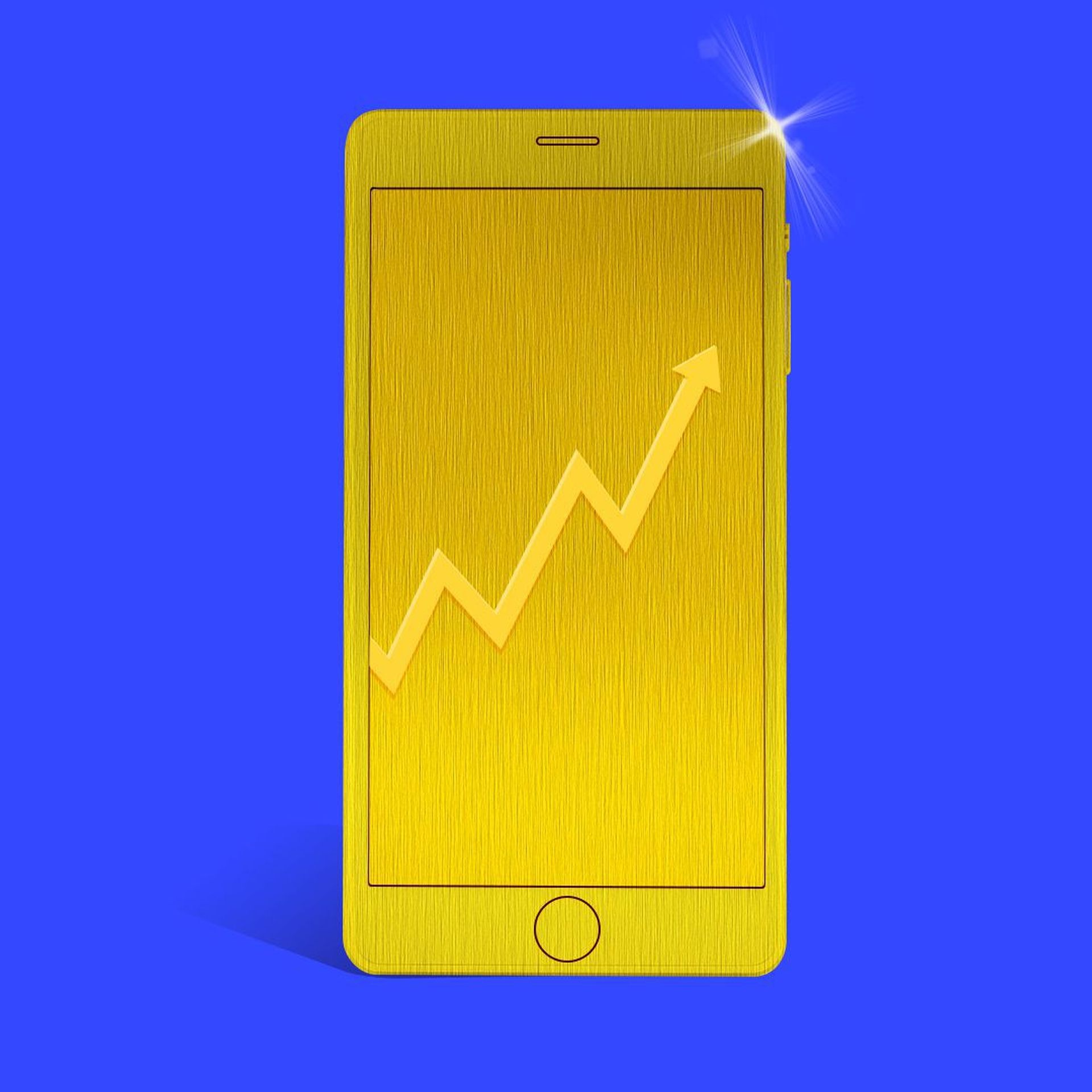 blue background image featuring an illustration of a gold phone with an up arrow on screen 