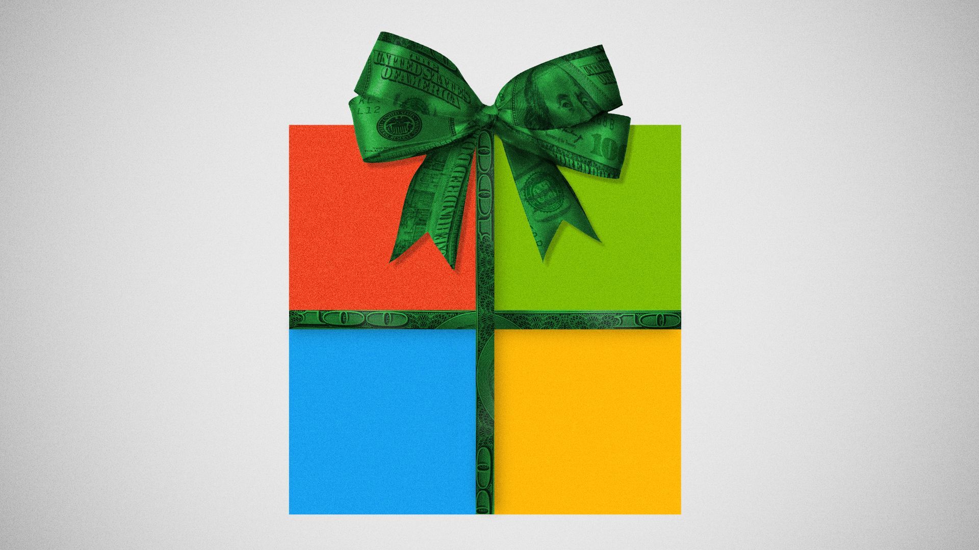 Illustration of Microsoft's logo as a gift wrapped in a ribbon and bow made of hundred dollar bills.
