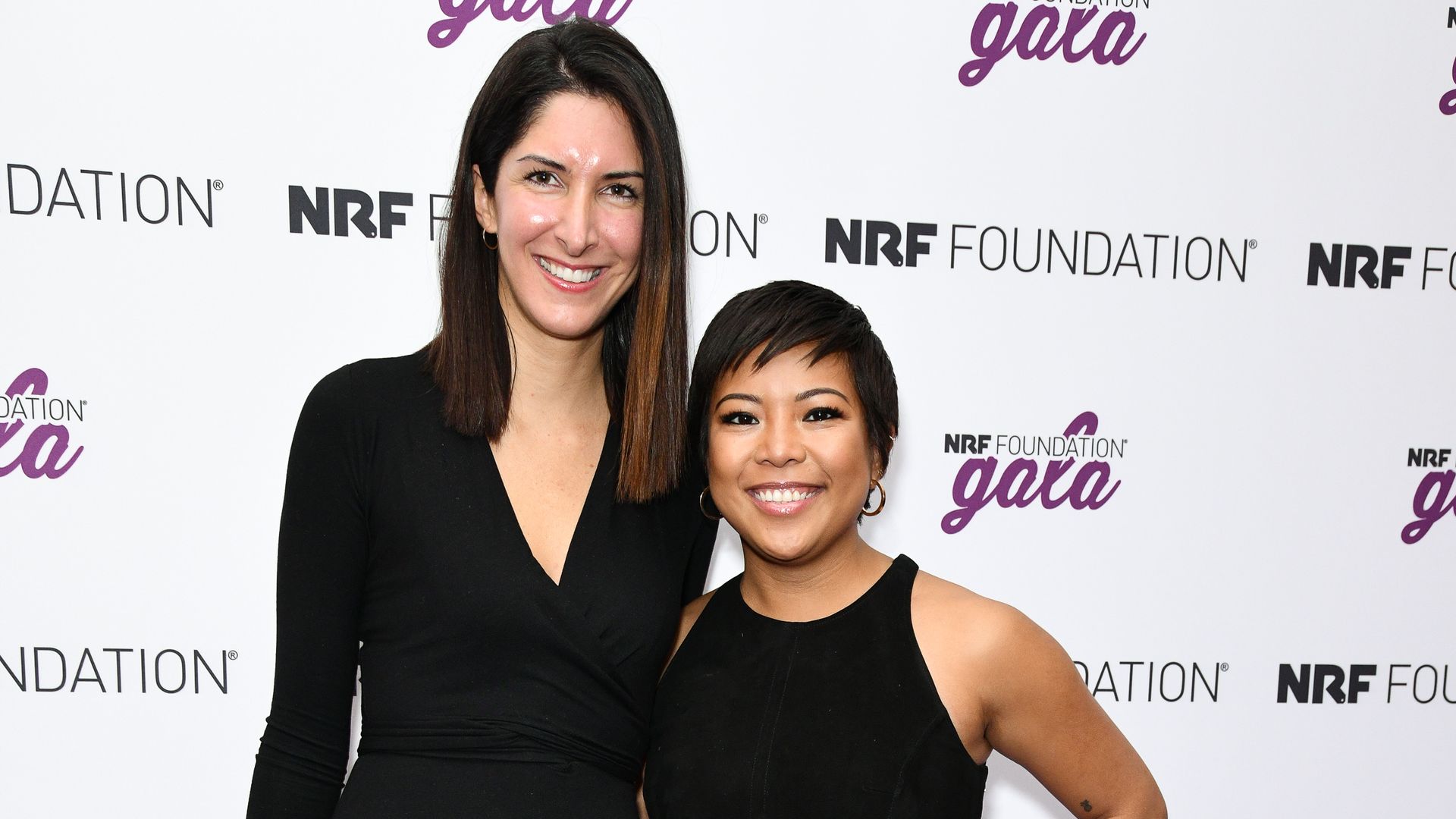 Away CEO Steph Korey poses with another person at a red-carpet event. 