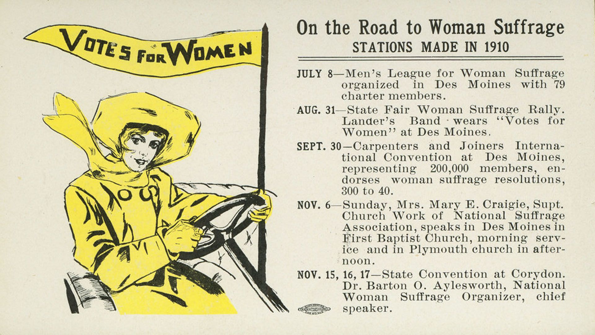 Ink blotter card publicizing some highlights of the Iowa women's suffrage campaign during 1910.