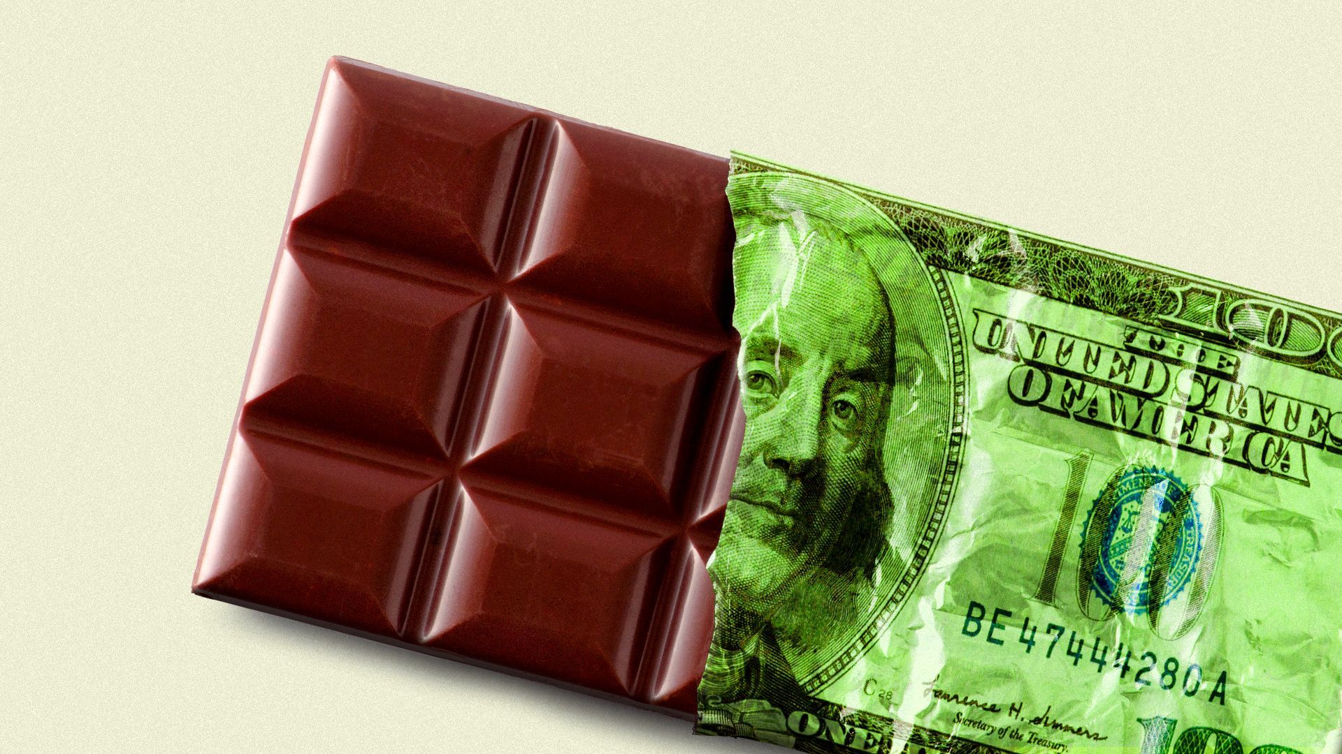 Illustration of a chocolate bar wrapped in a one hundred dollar bill.