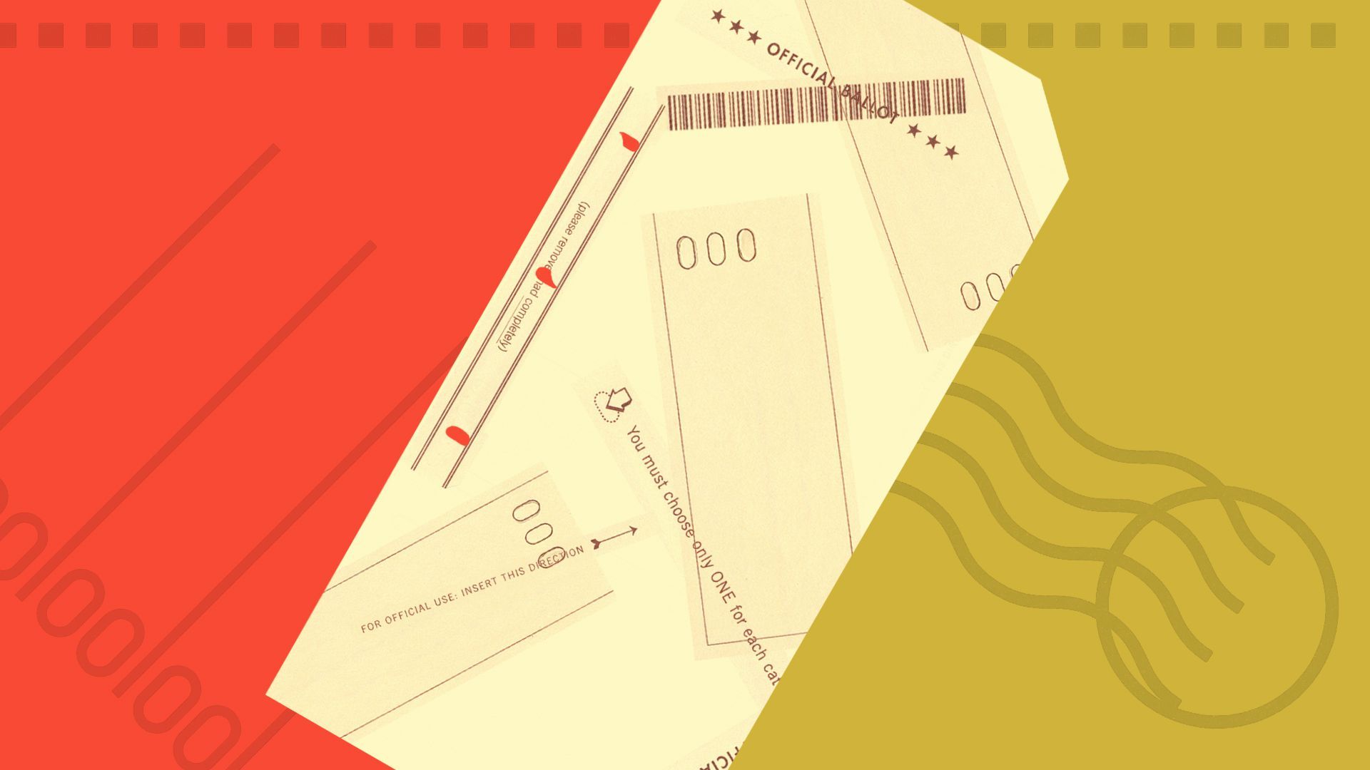 Illustration of a misprinted ballot with ballot elements in the background.