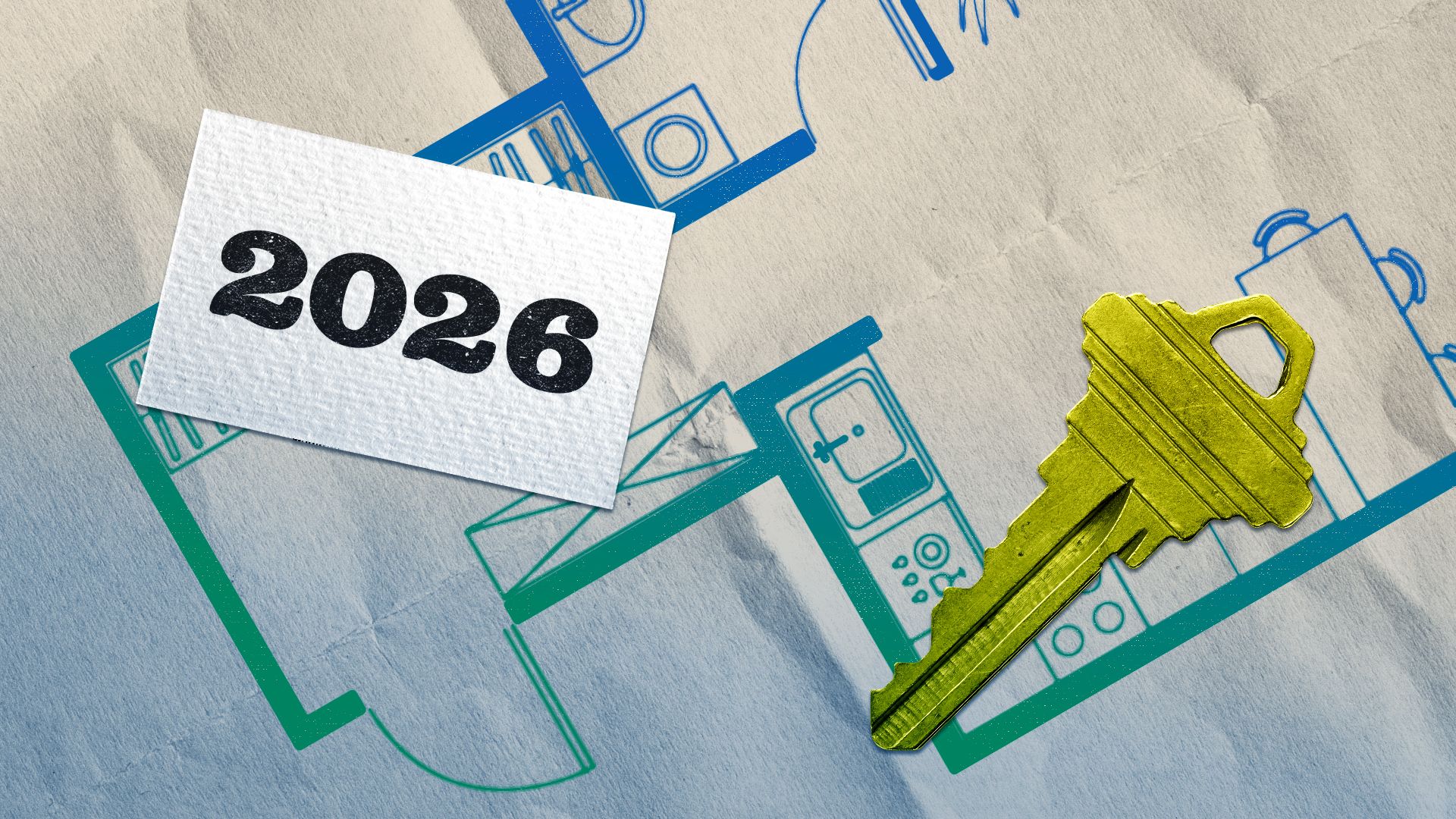 Illustration of a house floor plan with a business card reading "2026" and a key on top of it.