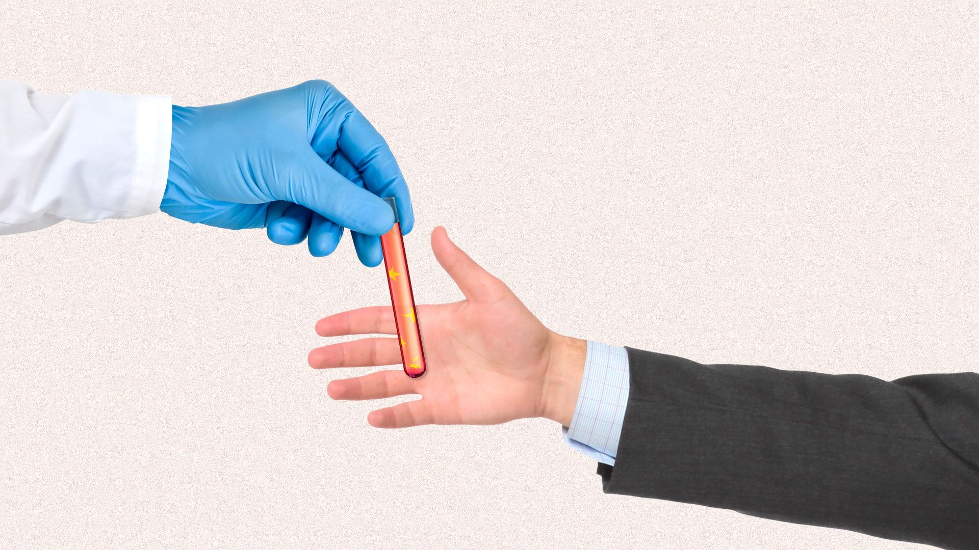 Illustration of scientist handing a test tube with the Chinese flag to another person.