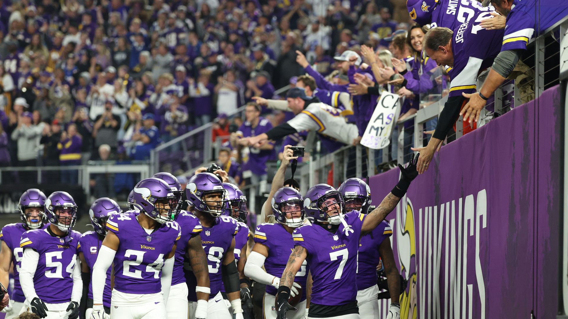 Vikings players high five fans in the stands