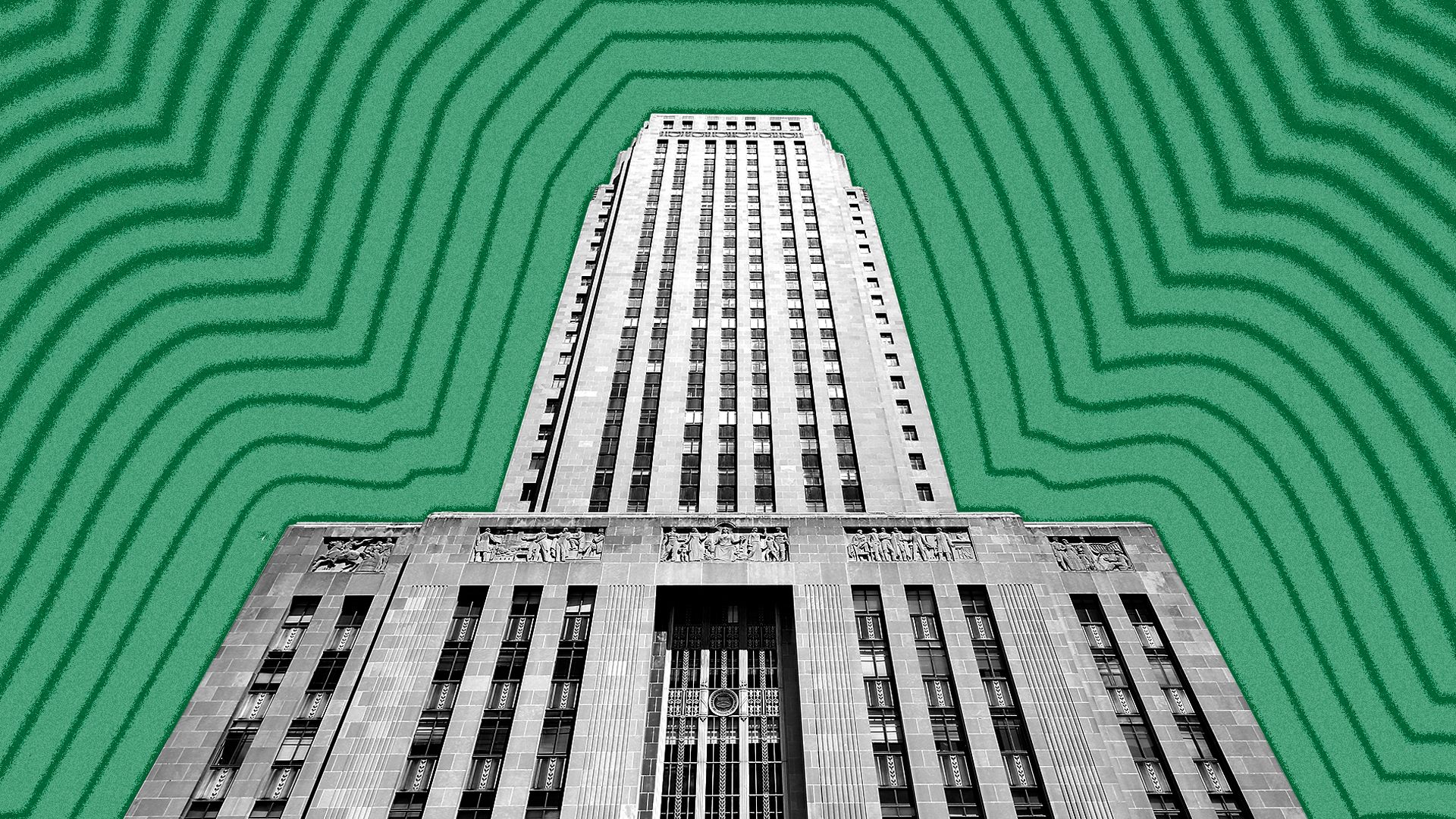 Photo illustration of Kansas City City Hall with lines radiating from it.