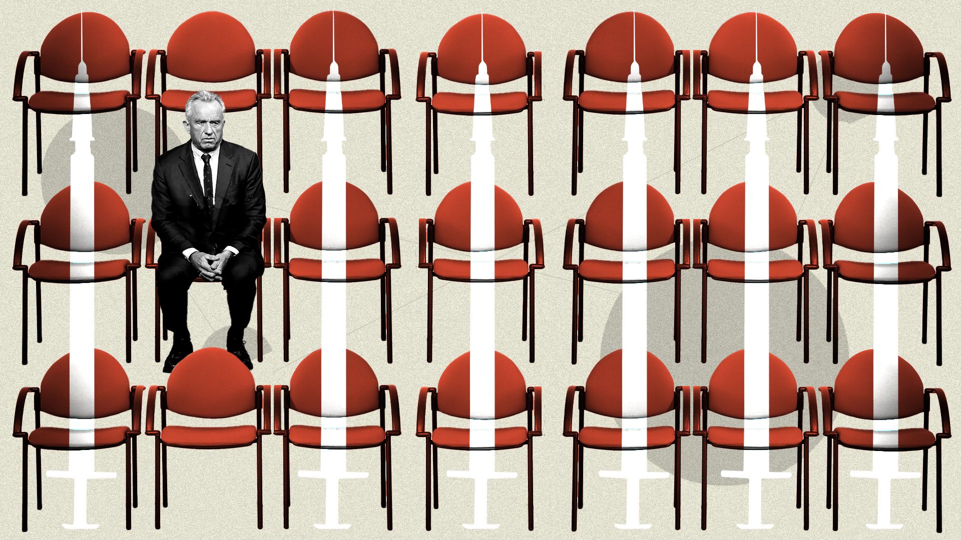 Photo illustration of RFK Jr. overlaid a waiting room of chairs with an abstract syringe shape overlaying the entire scene. 