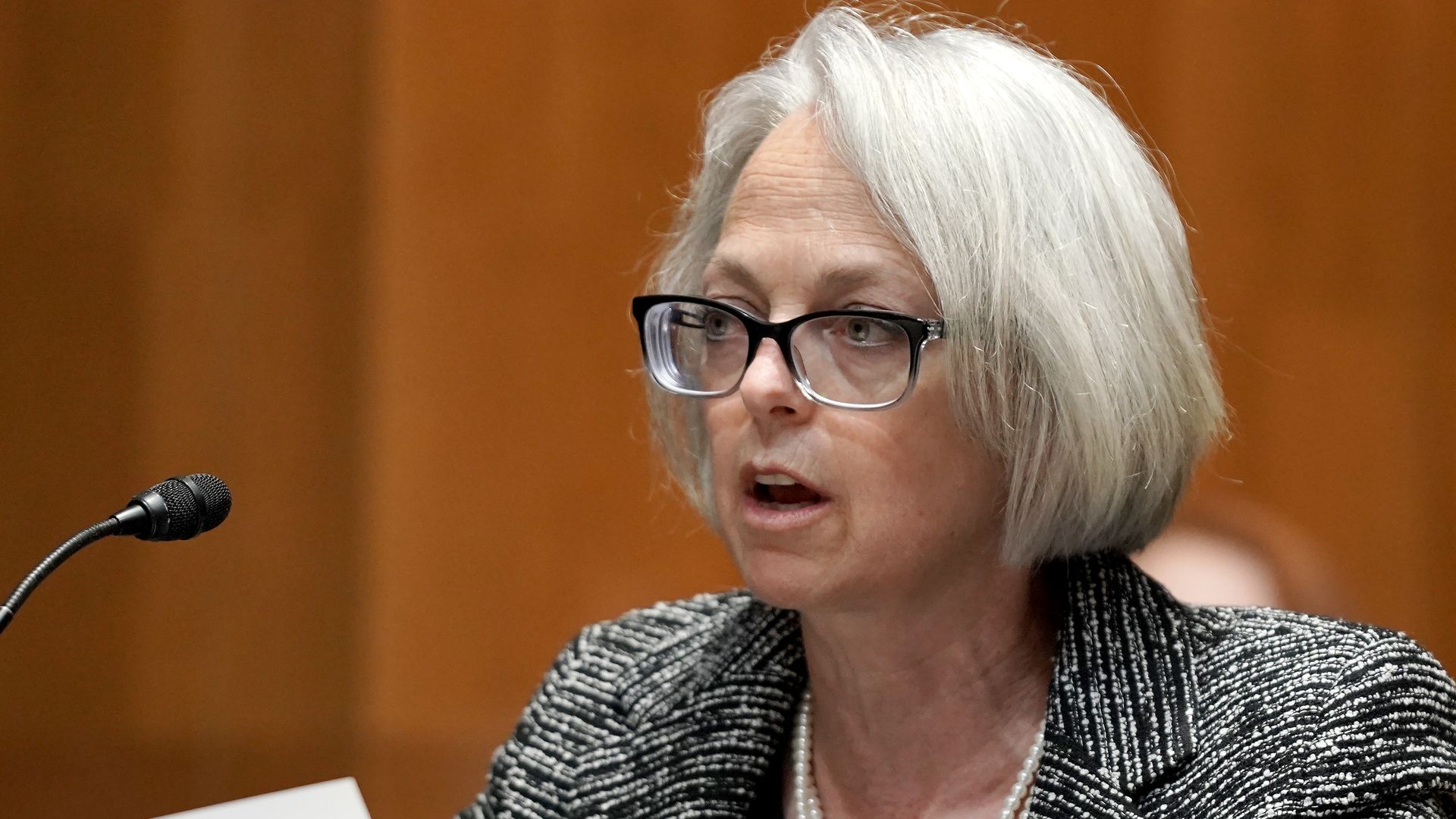Karen Gibson, Senate sergeant-at-arms, speaking during a Senate subcommittee hearing during April 2021.