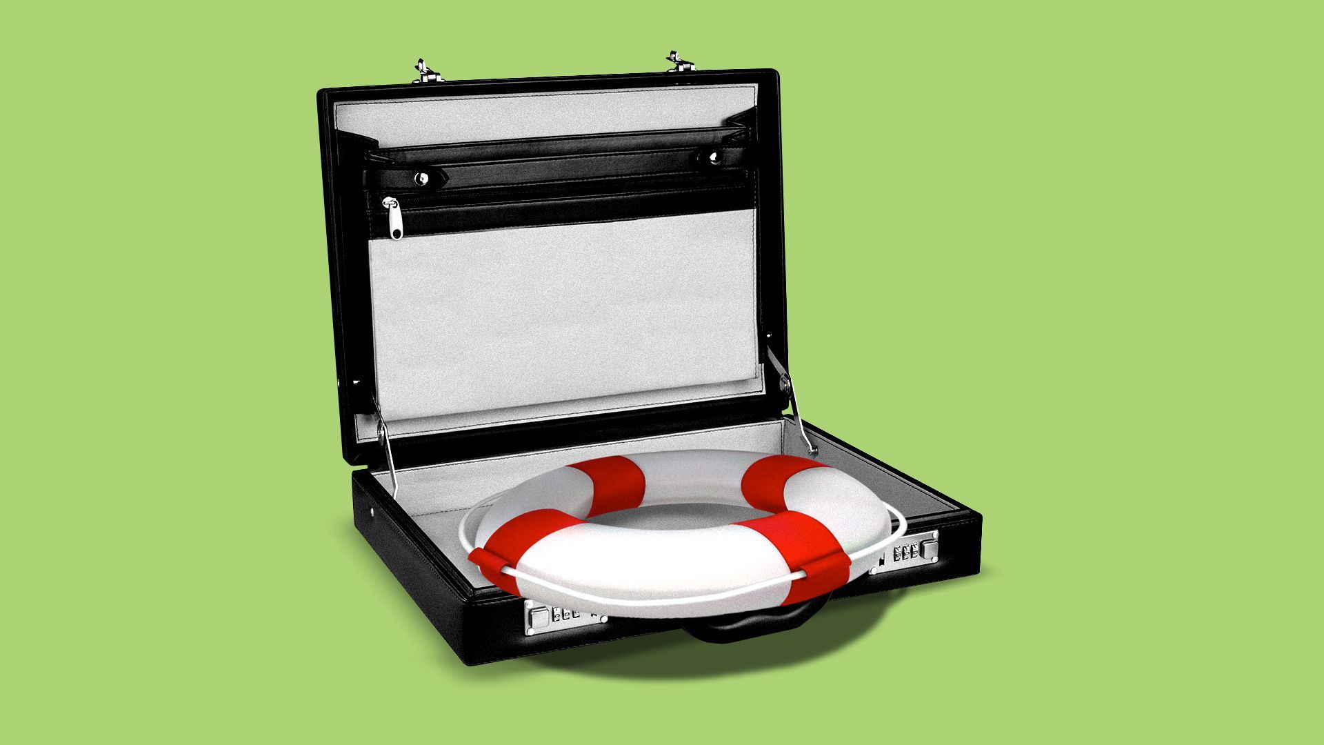 Illustration of a life preserver in a briefcase.