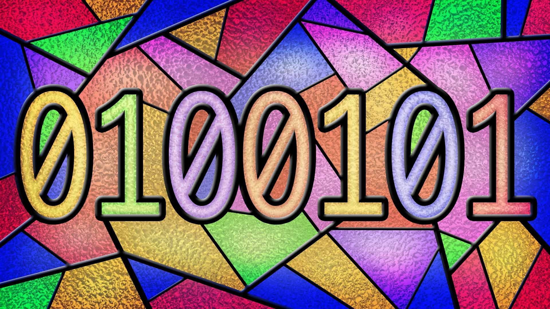 Illustration of binary code in a stained glass window
