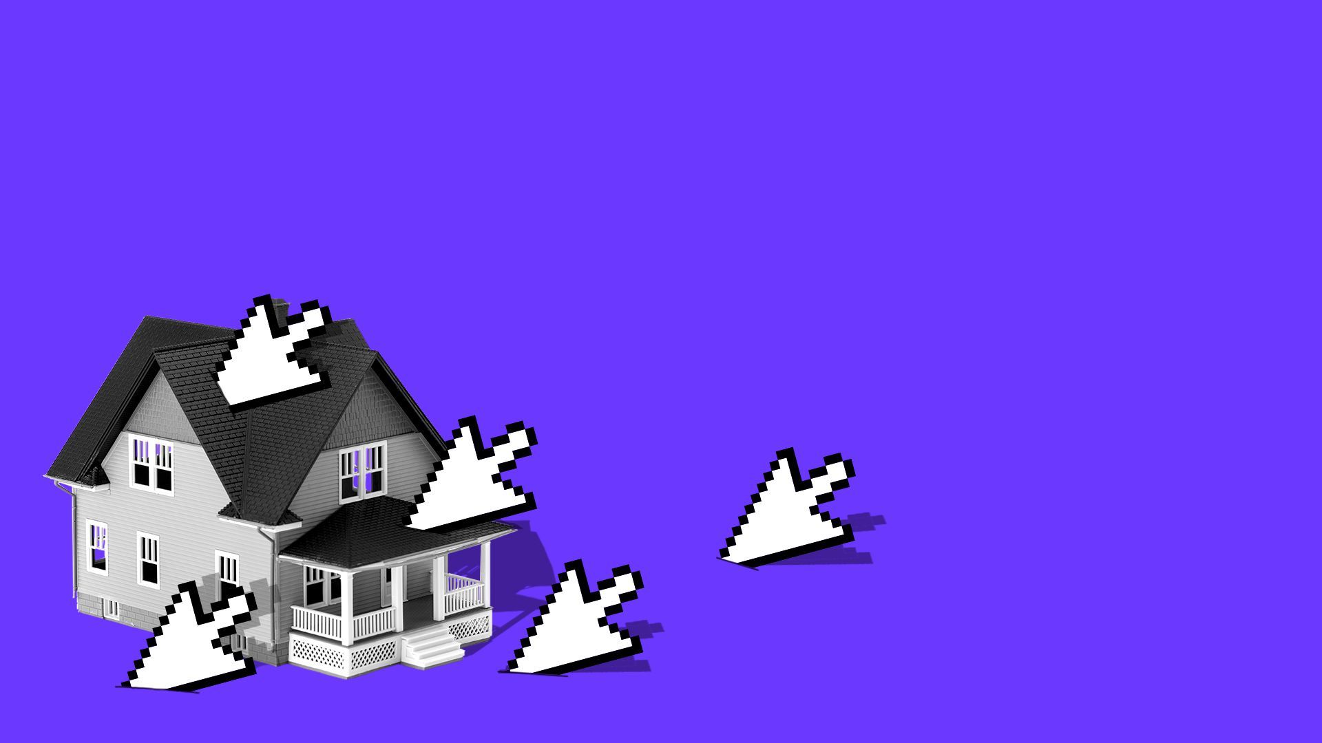 Illustration of a house with cursor arrows lodged in and around it. 