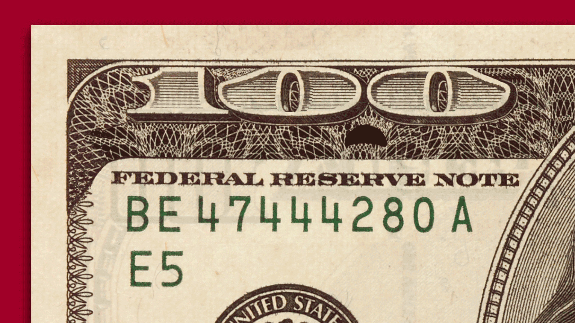 Animated illustration of a scared face made from the zeros on the top corner of a one hundred dollar bill 