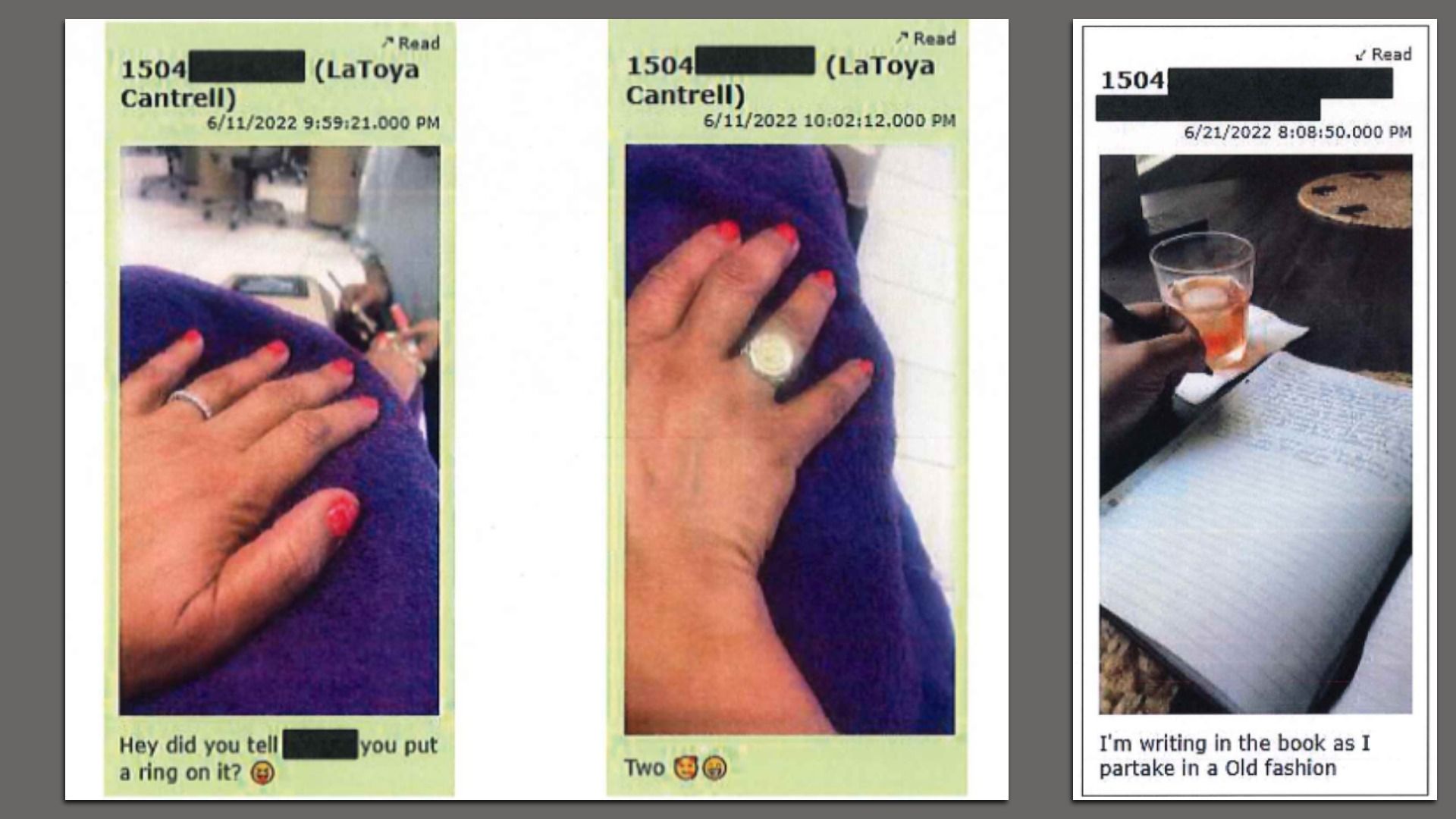 Three images: Two show a hand with red nail polish and rings on a purple surface, and one shows a hand writing in a notebook with a glass of amber drink nearby, captioned about writing and drinking an Old Fashioned.